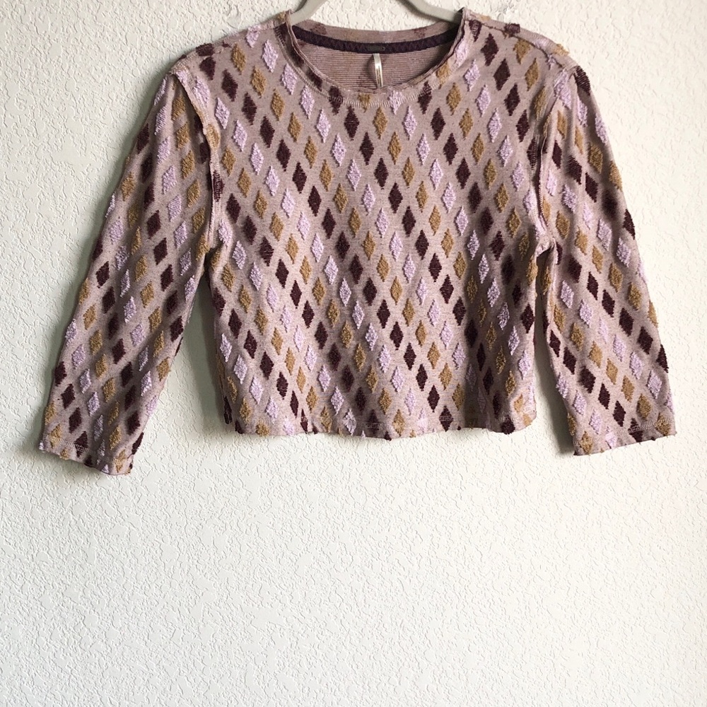 Free People Magic Carpet Cropped Tee Mauve Embroidered 3/4 Sleeve - Picture 3 of 14
